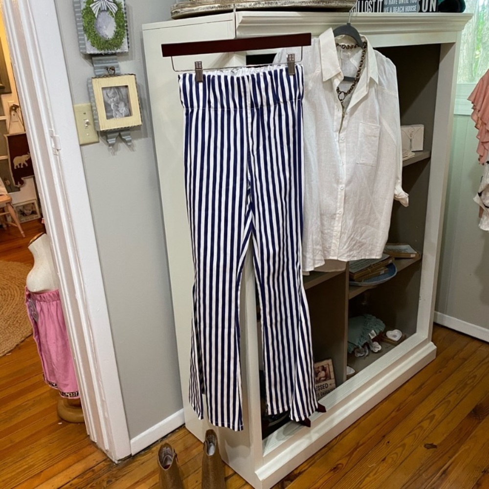 Step Forward flare pants. Lavender and white stripes